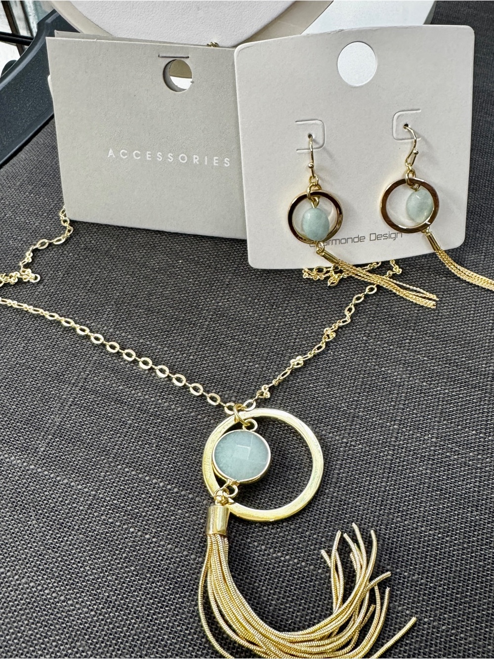 Accessorize Gold Tassel Necklace with Pale Green Stone